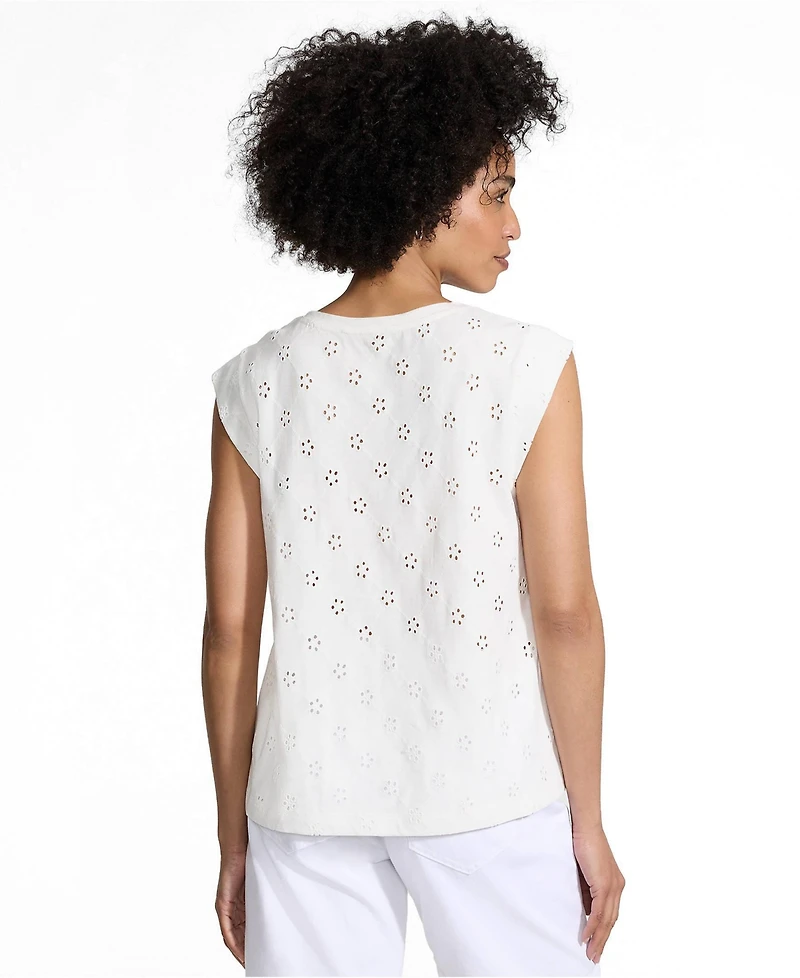 Lands' End Women's Cap Sleeve Eyelet Pintuck Swing Top