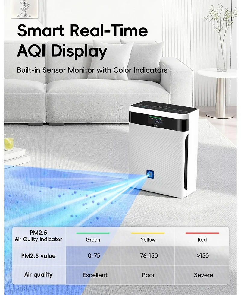 Air Purifier for Large Room Up to 2500 sq ft,with Pets and for Real-time Monitoring of Air Quality.