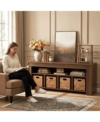 Tribesigns 63" Extra Long Bookcase with 4 Woven Baskets, Farmhouse Low Horizontal Bookshelf Storage Organizer, Long Wooden Cube Cabinet