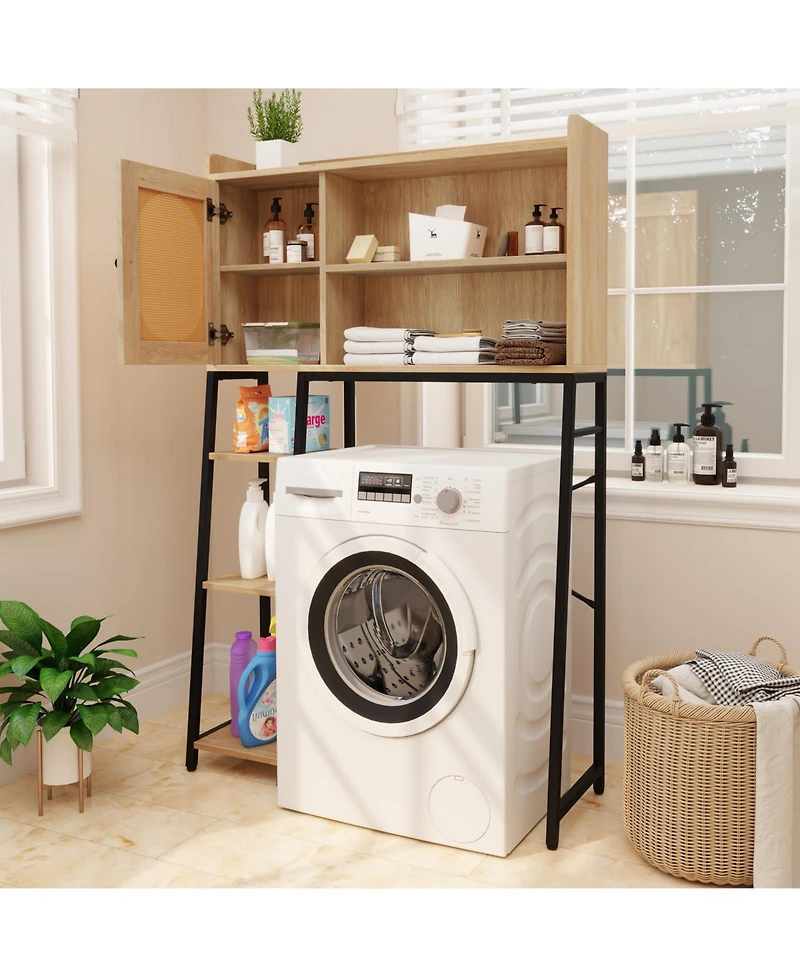 sumyeg Over The bath fixture Storage Cabinet with Rattan Door and Open Storage Shelves