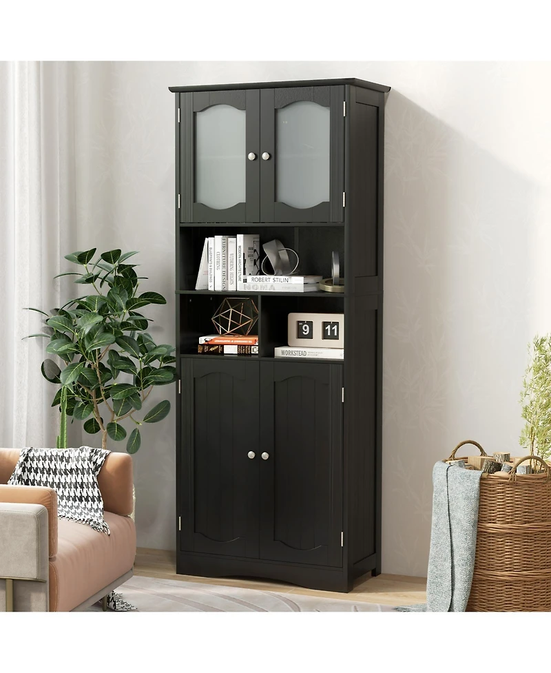 sumyeg 58.5 Inch Freestanding Linen Bathroom Storage Cabinet with Frosted Glass Doors