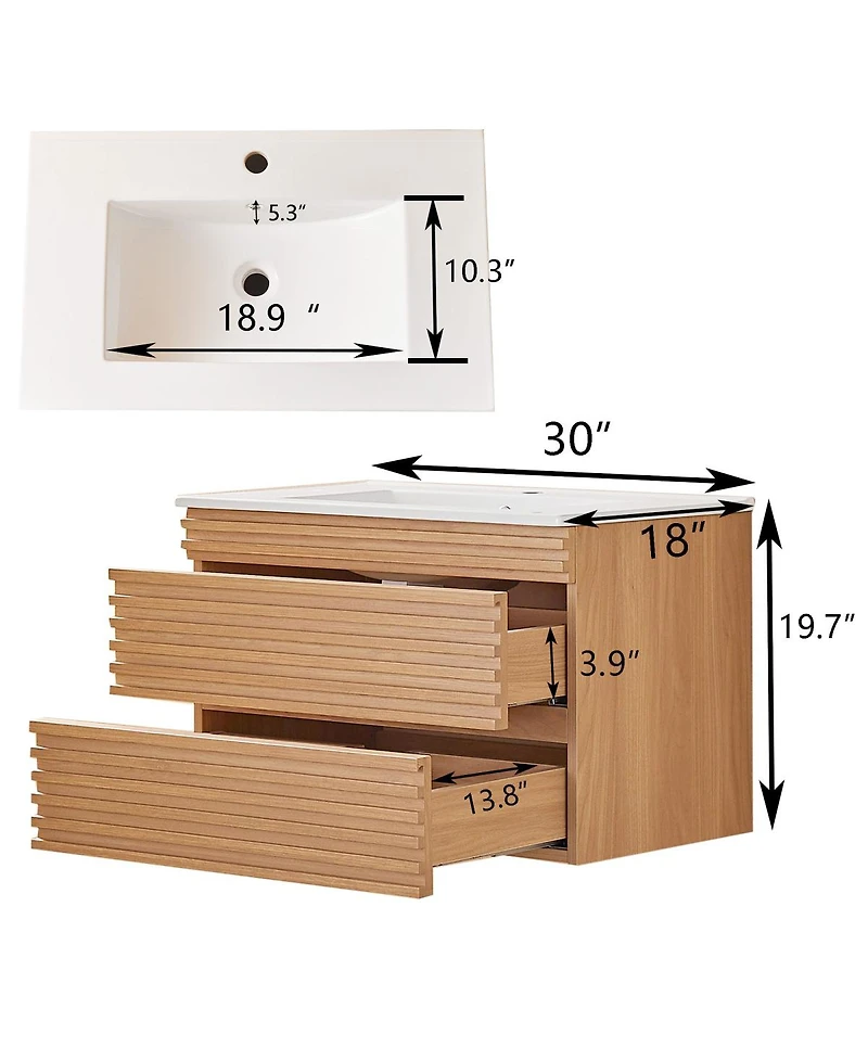 Sillysis Wall Mounted Floating Bathroom Vanity with Ceramic Sink, Fully Assembled Plywood Cabinet, 2 Drawers for Small Spaces