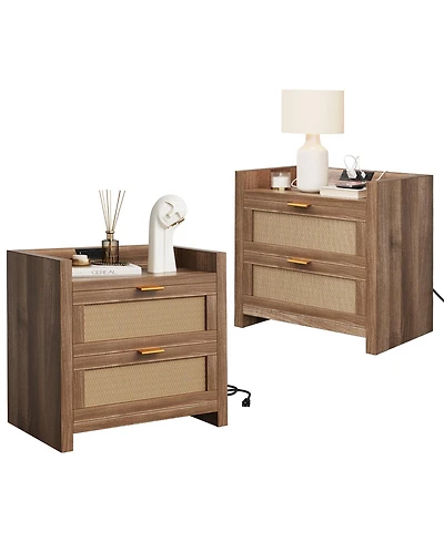 homfan Farmhouse Nightstand Set of 2 with Charging Station, 2 Rattan Storage Drawers End Table for Bedroom and Living Room