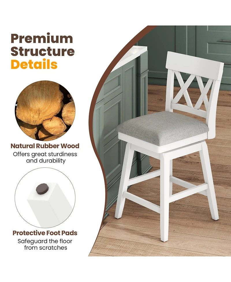 Gymax 26 Inch Set of 2 Bar Stool Wooden Chair Contoured Backrest Swivel Padded Seat