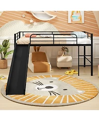 Gymax Twin Metal Loft Bed with Slide Guardrails Built-in Ladder Low Bed Frame Silver