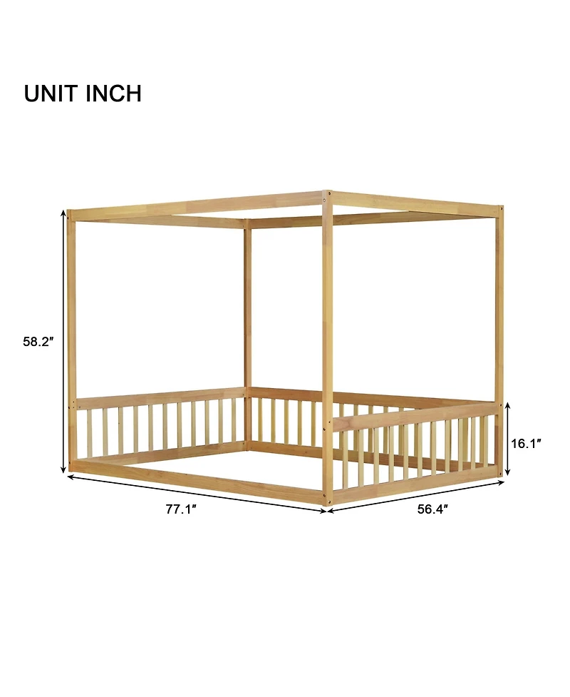 Clihome Full Canopy Frame Rubber Wood Floor Bed with Fence,Guardrails