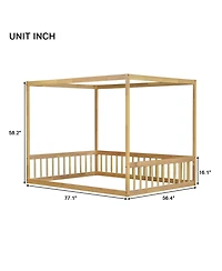 Clihome Full Canopy Frame Rubber Wood Floor Bed with Fence,Guardrails