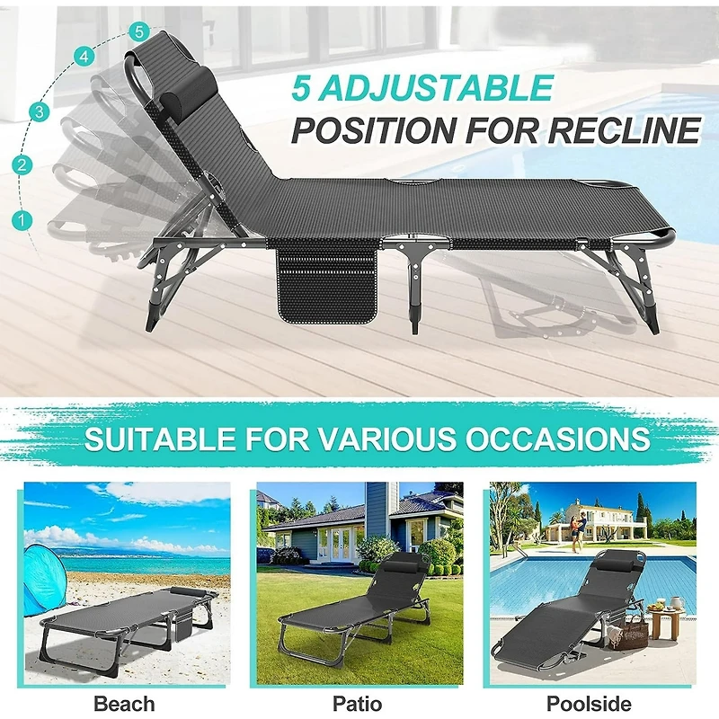 Aboron 2 Pack 4-in-1 Sunbathing Lounge Chair with Removable Cotton Cushion, Adjustable, Uv-Resistant, Portable Beach and Pool Chair