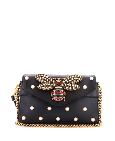 Pre-Owned Gucci Mini Broadway Pearly Bee Shoulder Bag Embellished Leather