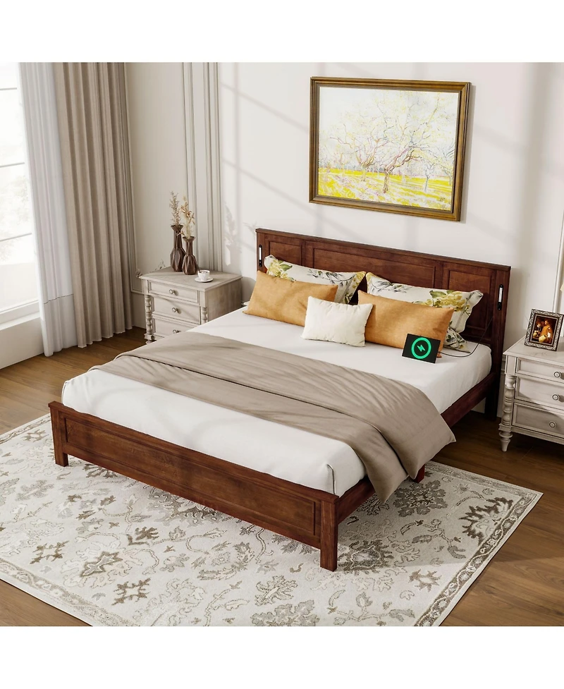 Clihome King Bed with Tall-Panel Headboard and Footboard, Built-in Led Lights, Usb Charging Station
