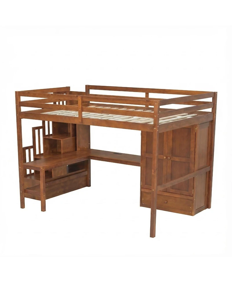 Clihome Full Loft Wood Bed with Desk, Book shelves and Wardrobe Doors Drawer