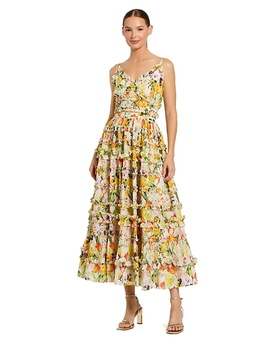 Mac Duggal Women's Floral Print Tiered Ruffle Midi Dress