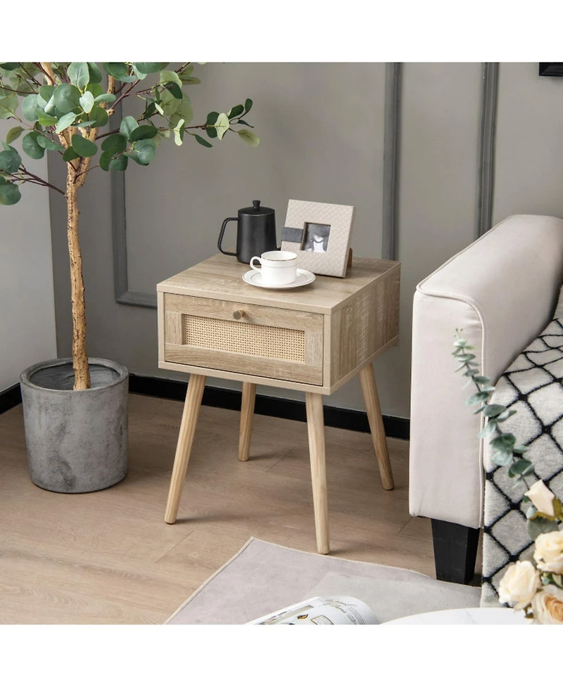 Gouun Set of 2 Modern Rattan Nightstands with Drawer and Solid Wood Legs