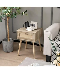 Gouun Set of 2 Modern Rattan Nightstands with Drawer and Solid Wood Legs