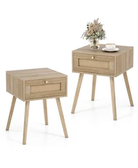 Gouun Set of 2 Modern Rattan Nightstands with Drawer and Solid Wood Legs