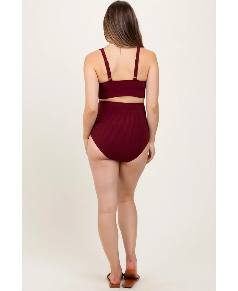 Pinkblush Maternity Burgundy Ribbed Twist Cutout Front Swim Set