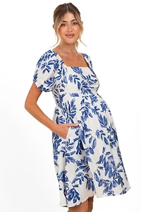 Pinkblush Maternity Blue Floral Puff Sleeve Dress