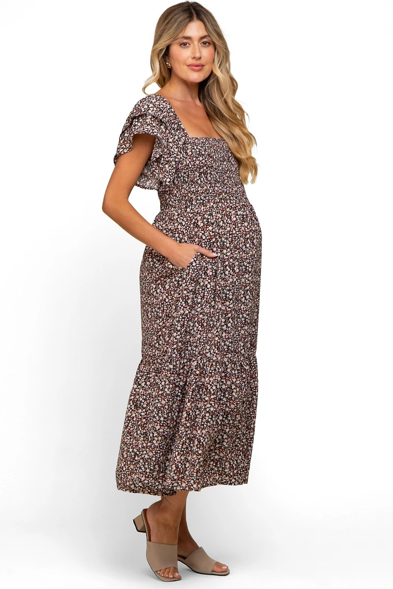 Pinkblush Maternity Cream Floral Flutter Midi Dress