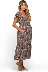 Pinkblush Maternity Cream Floral Flutter Midi Dress