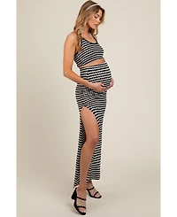 Pinkblush Maternity Black Striped Crochet Crop Swimsuit Cover Up Set