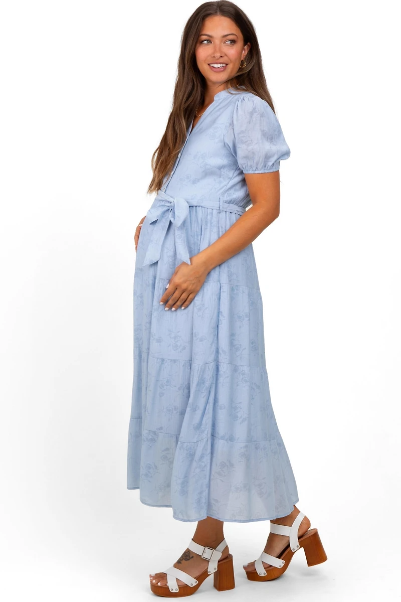 Pinkblush Maternity Light Blue Split Neckline Tiered Midi Dress