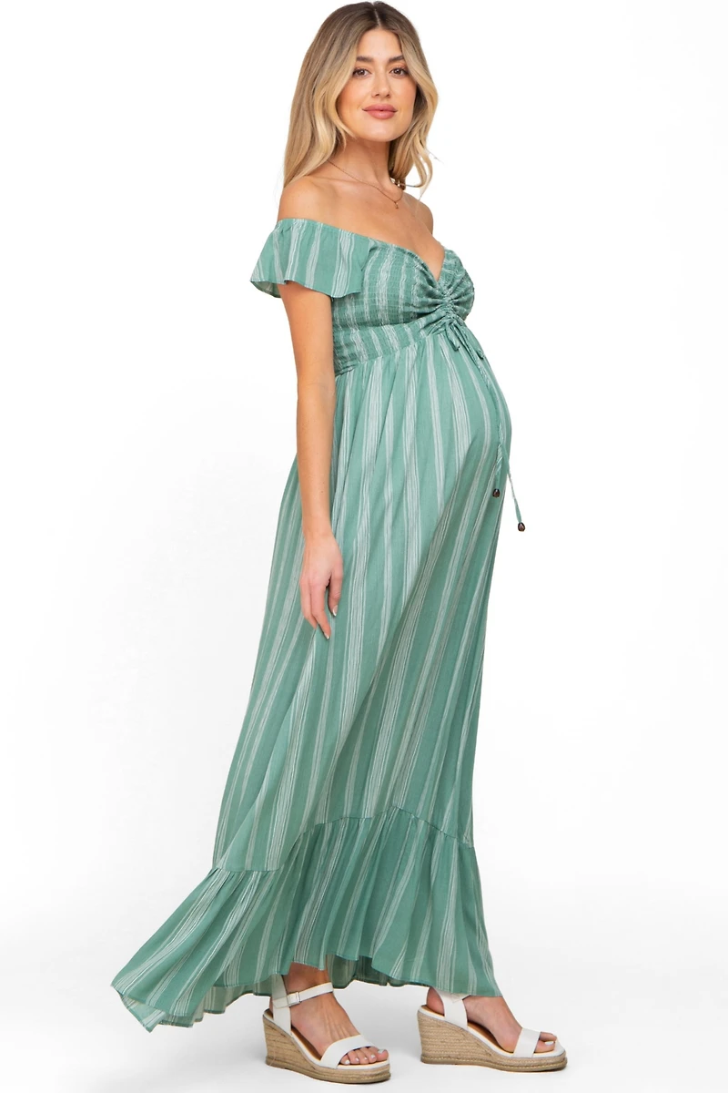 Pinkblush Maternity Green Striped Off Shoulder Front Tie Maxi Dress