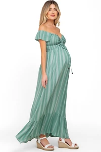 Pinkblush Maternity Green Striped Off Shoulder Front Tie Maxi Dress