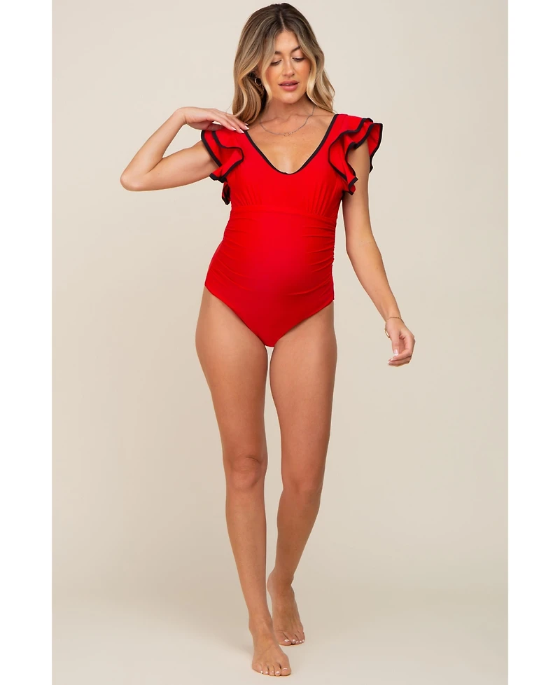 Pinkblush Maternity Red Color Blocked Ruffle Shoulder Cutout Back One Piece Swimsuit