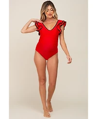 Pinkblush Maternity Red Color Blocked Ruffle Shoulder Cutout Back One Piece Swimsuit