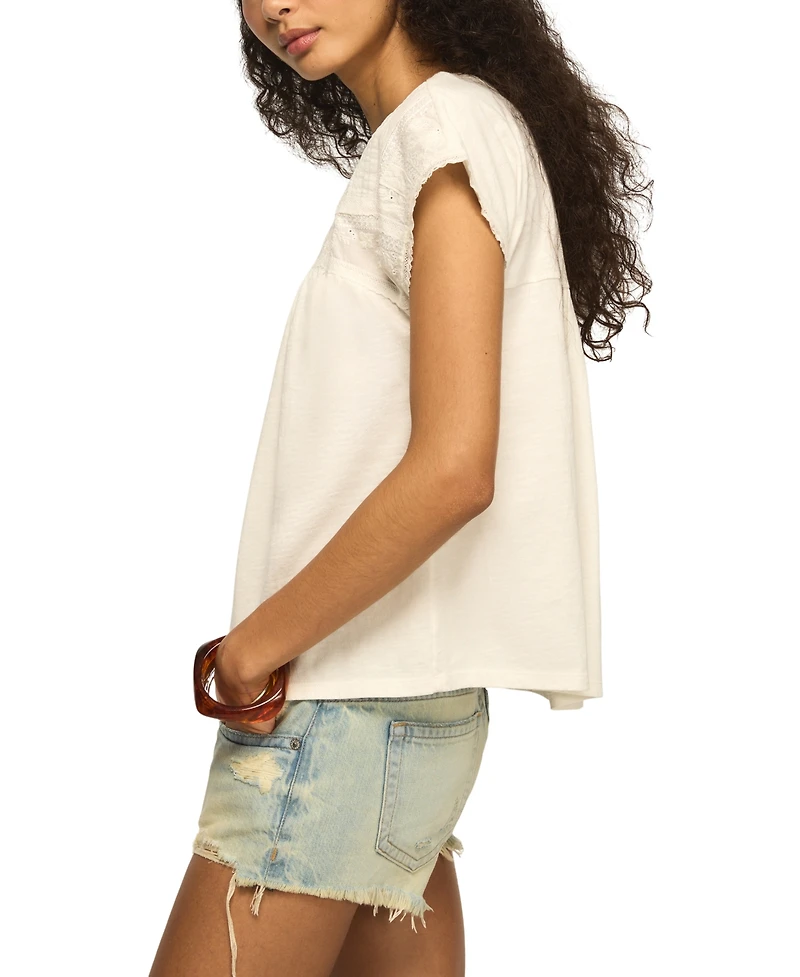 Lucky Brand Women's Embroidered Yoke Cotton Top