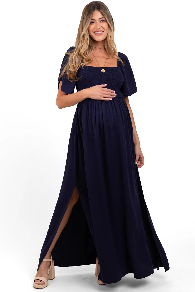 Pinkblush Maternity Navy Chambray Smocked Maxi Dress