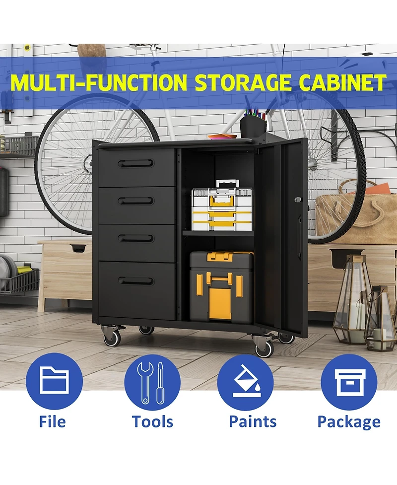 Viyet 35"H Mobile Steel Tool Cabinet - 4-Drawer and Lockable Storage Organizer