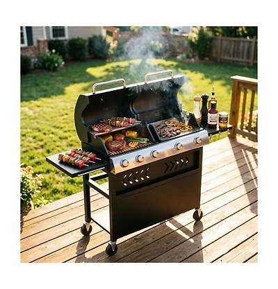 Xo 5-Burner Propane Gas Griddle Grill Combo, 40,000 Btu Stainless Steel Bbq for Backyard Kitchen