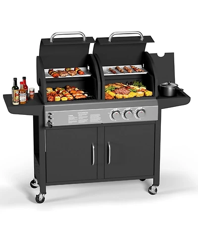 Xo Propane Gas and Charcoal Grill Combo, 3 Burner Dual Fuel Bbq with Side Burner, Wheels Cabinet