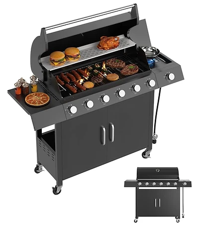 Xo 6-Burner Propane Gas Grill with Side Burner, Cast Iron Grates, Cabinet for Patio Backyard Bbq