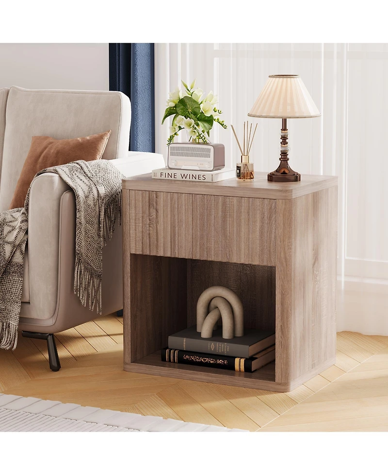 homfan Set of 2 Minimalist Nightstands with Drawer and Storage Shelf, Fluted Panel Modern End Table for Living Room and Bedroom