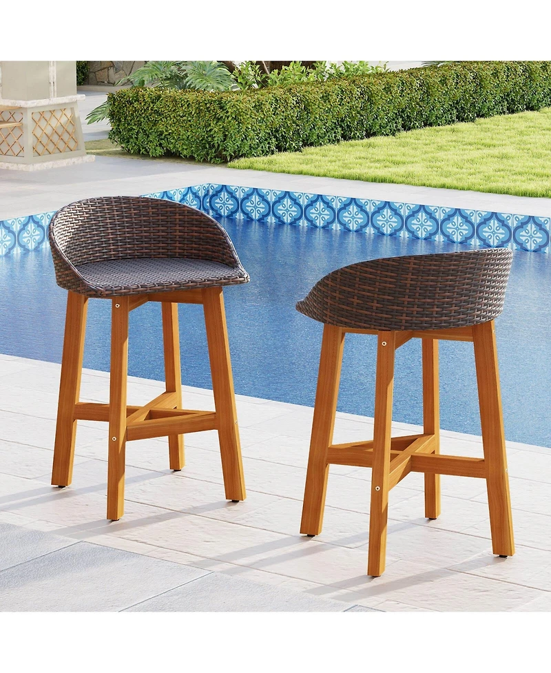 Costway Outdoor Faux Rattan Bar Chairs Solid Acacia Wood Bar Stools for Porch
