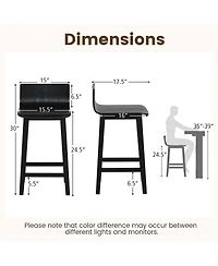 24.5" Wood Bar Stools Set of 2 with Solid Back & Seat Mid Century Bar Chairs