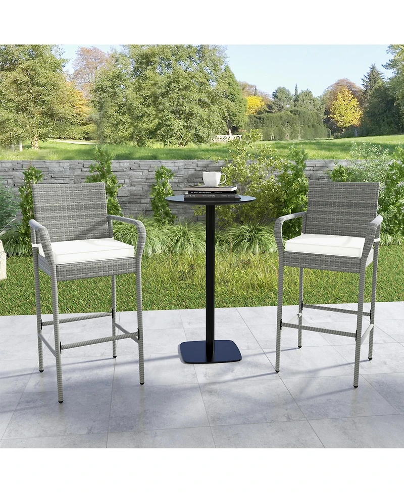 Gymax Set of 4 Rattan Patio Bar Stools Outdoor Bar Height Chairs with Cushions