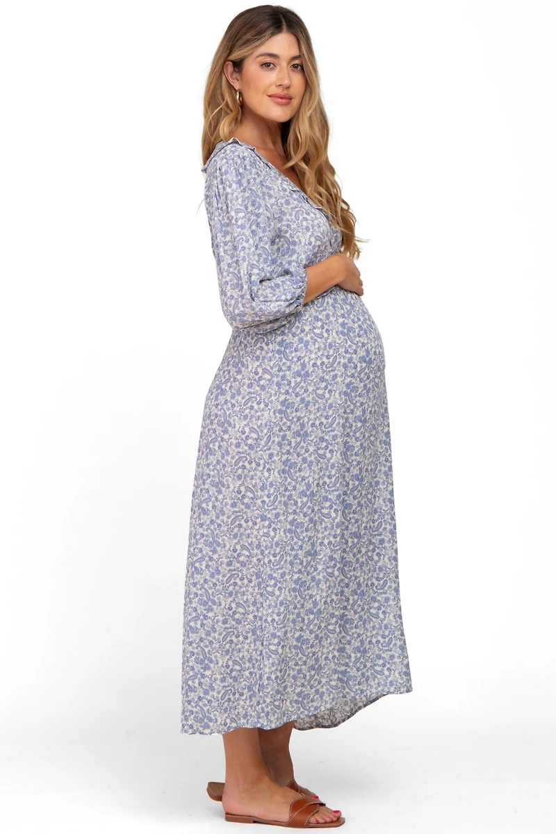 Pinkblush Maternity Blue Floral Ruffle V-Neck Midi Dress