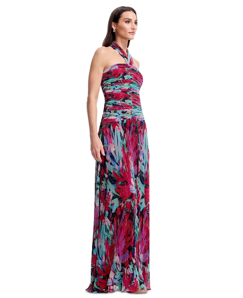Dress the Population Women's Printed Halter Neck Ruched Drop Waist Gown