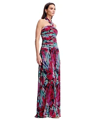 Dress the Population Women's Printed Halter Neck Ruched Drop Waist Gown