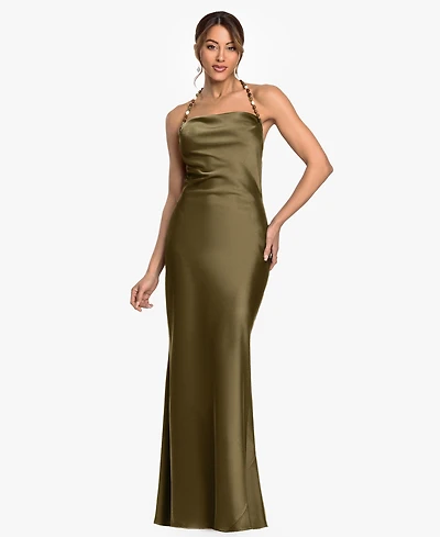 Betsy & Adam Women's Cowl Neck Beaded Straps Column Gown