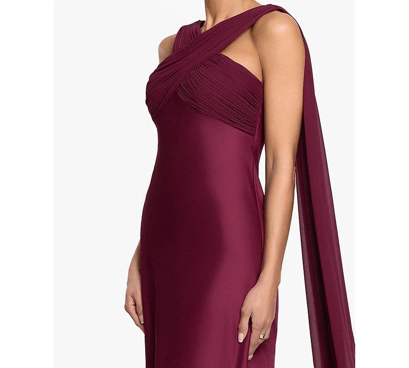 Betsy & Adam Petite Criss Cross Halter Neck Chiffon Cape Ball Gown