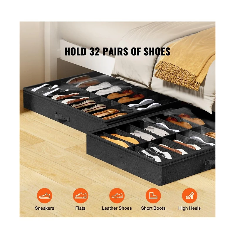 Sugift Under Bed Shoe Storage Organizer Set of 2 with 32 Compartments and Clear Window
