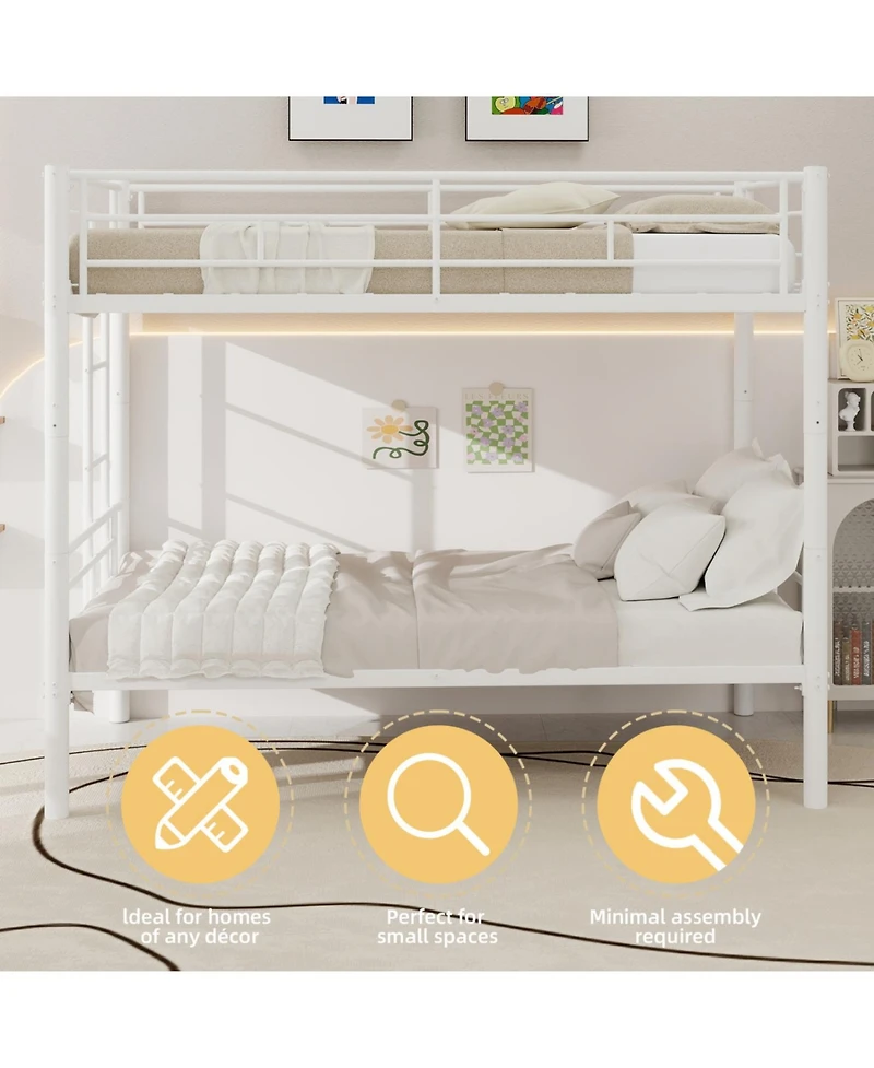 Rainsken Metal Bunk Bed Twin Over Twin, Structure Bedframe, with Ladder and Full-Length Guardrail, Noise Free, No Spring Box Required