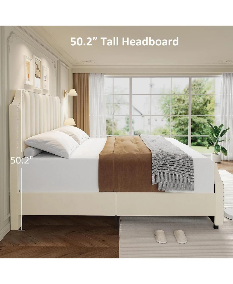gaomon Bed Frame, Tall Headboard & Footboard, Upholstered Platform Bed Frame with Nailhead Trim, No Box Spring Needed