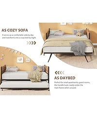 gaomon Daybed with Trundle, Day Bed Metal Slat Support & Lockable Casters, Wavy Headboard Wood Grain, Space-Saving Sofa