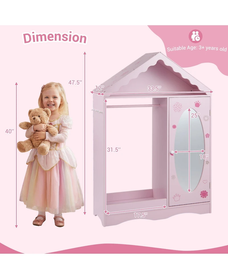 Slickblue Mirror Roof Kids Wardrobe Closet with Open Hanging Rack