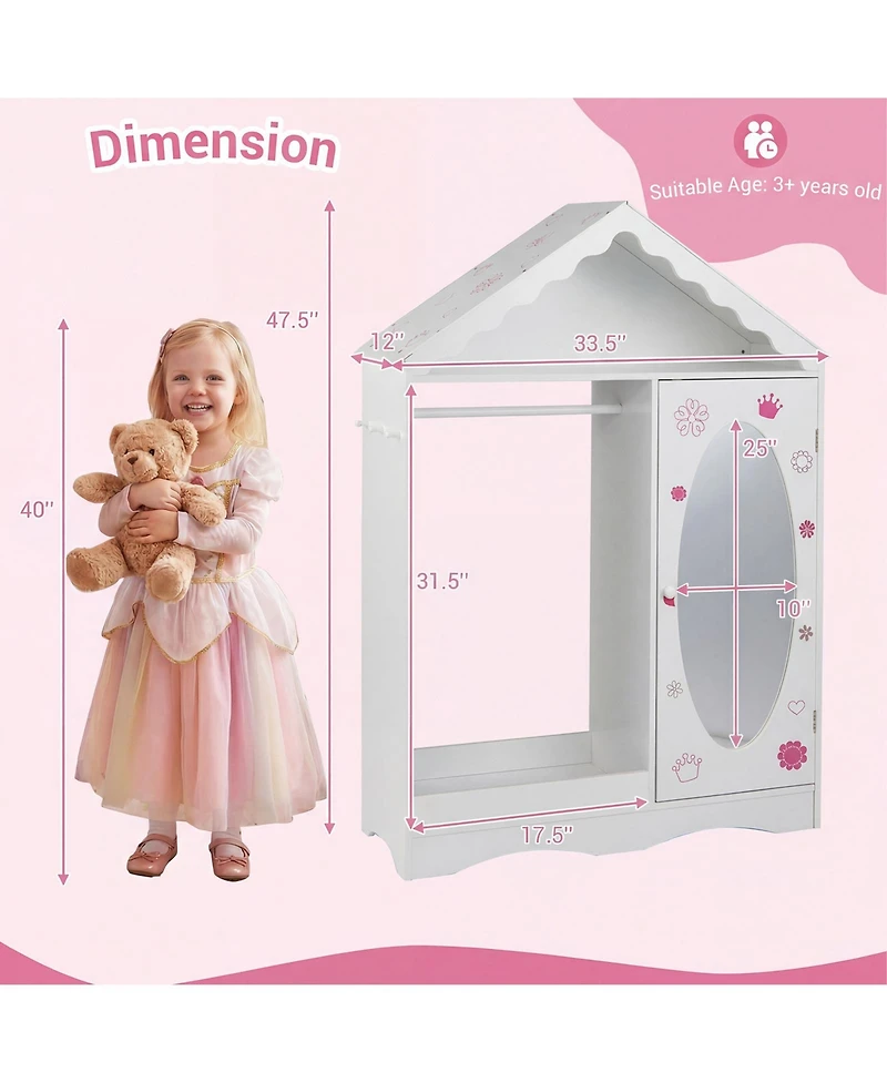 Slickblue Mirror Roof Kids Wardrobe Closet with Open Hanging Rack
